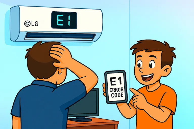 پسر جوانی پشت میز نشسته و لپ‌تاپش را به سمت مادرش 
                        که ایستاده چرخانده تا دفترچه راهنمای ماشین لباسشویی را نشان دهد؛ در کنار آن‌ها گلدانی روی زمین و ماشین لباسشویی‌ای با درِب باز و نشتی آب دیده می‌شود.
                        