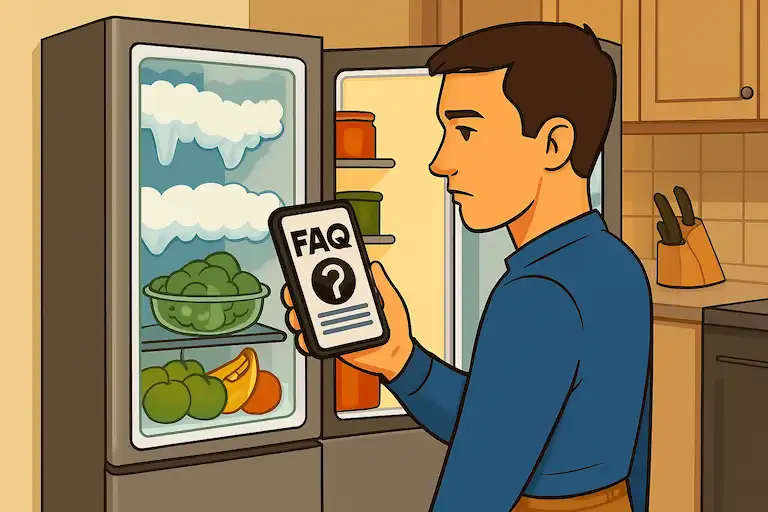 
                         نوجوانی پشت به ما ایستاده و رو‌به‌روی یک یخچال فریزر دوقلو قرار دارد؛ درِ فریزر باز است و
                          داخل آن پر از برفک است. پسر در حال بررسی گوشی موبایل خود است و صفحه گوشی، بخش سوالات 
                         متداول سایت مرکز خدمات فنی مبین را نشان می‌دهد، گویی به دنبال راه‌حلی برای مشکل برفک‌زدایی است.
                        