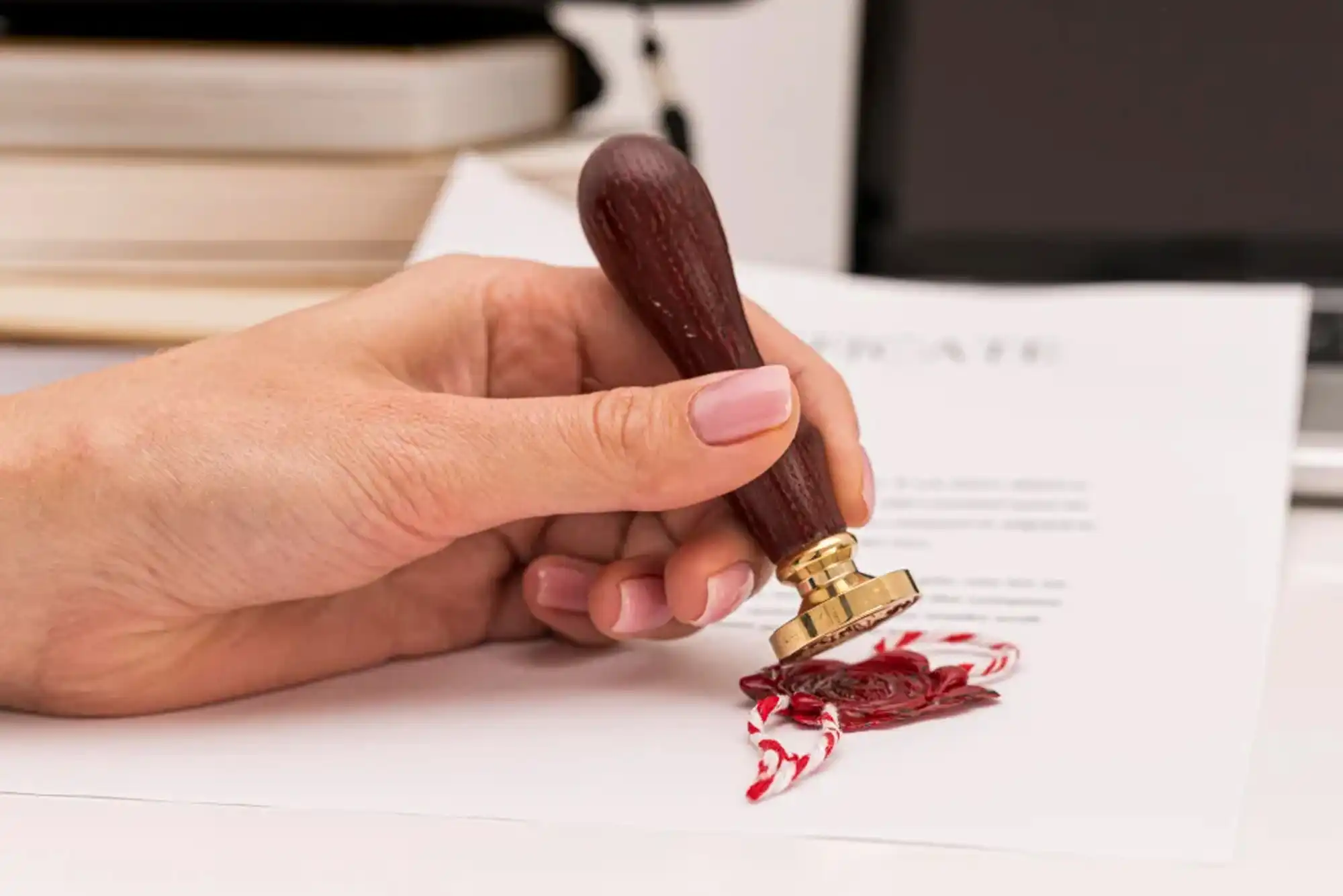 تصویر فردی که در حال مهر و موم کردن زیر یک برگه است که نمادی از ارائه ضمانت در خدمات مرکز فنی مبین می باشد.