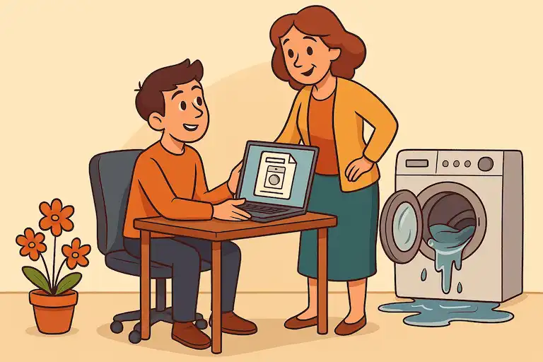 پسر جوانی پشت میز نشسته و لپ‌تاپش را به سمت مادرش 
                        که ایستاده چرخانده تا دفترچه راهنمای ماشین لباسشویی را نشان دهد؛ در کنار آن‌ها گلدانی روی زمین و ماشین لباسشویی‌ای با درِب باز و نشتی آب دیده می‌شود.
                        